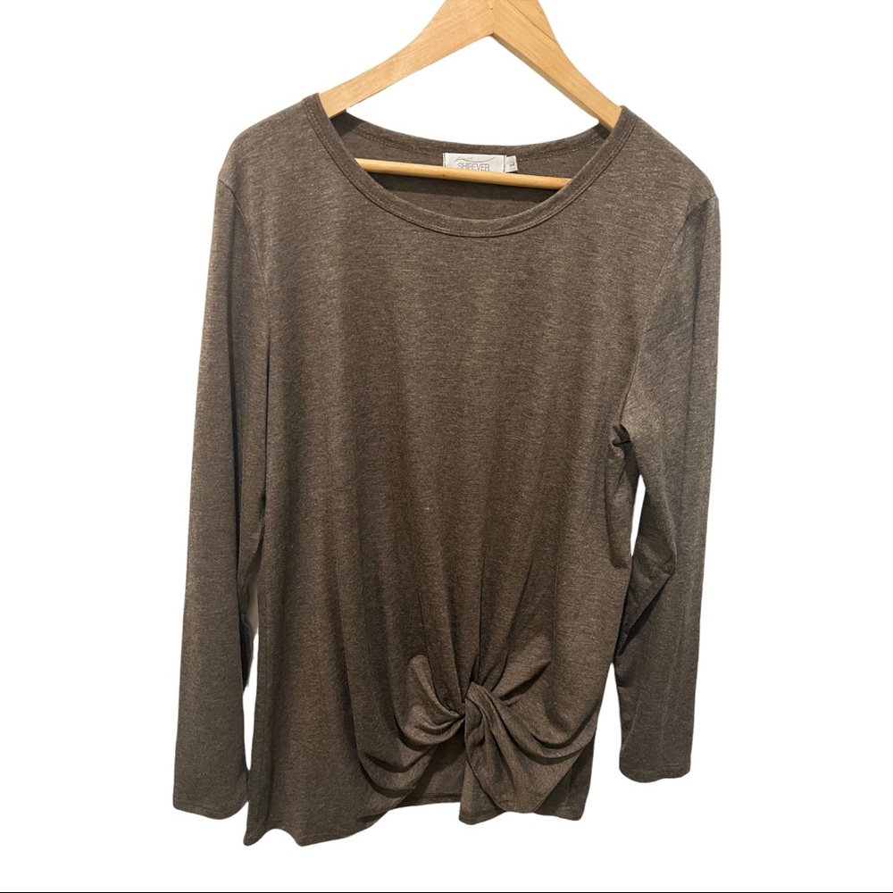 SHIBEVER MEDIUM BROWN MARLED SCOOP NECK TWIST KNOT STYLE LONG SLEEVE BLOUSE